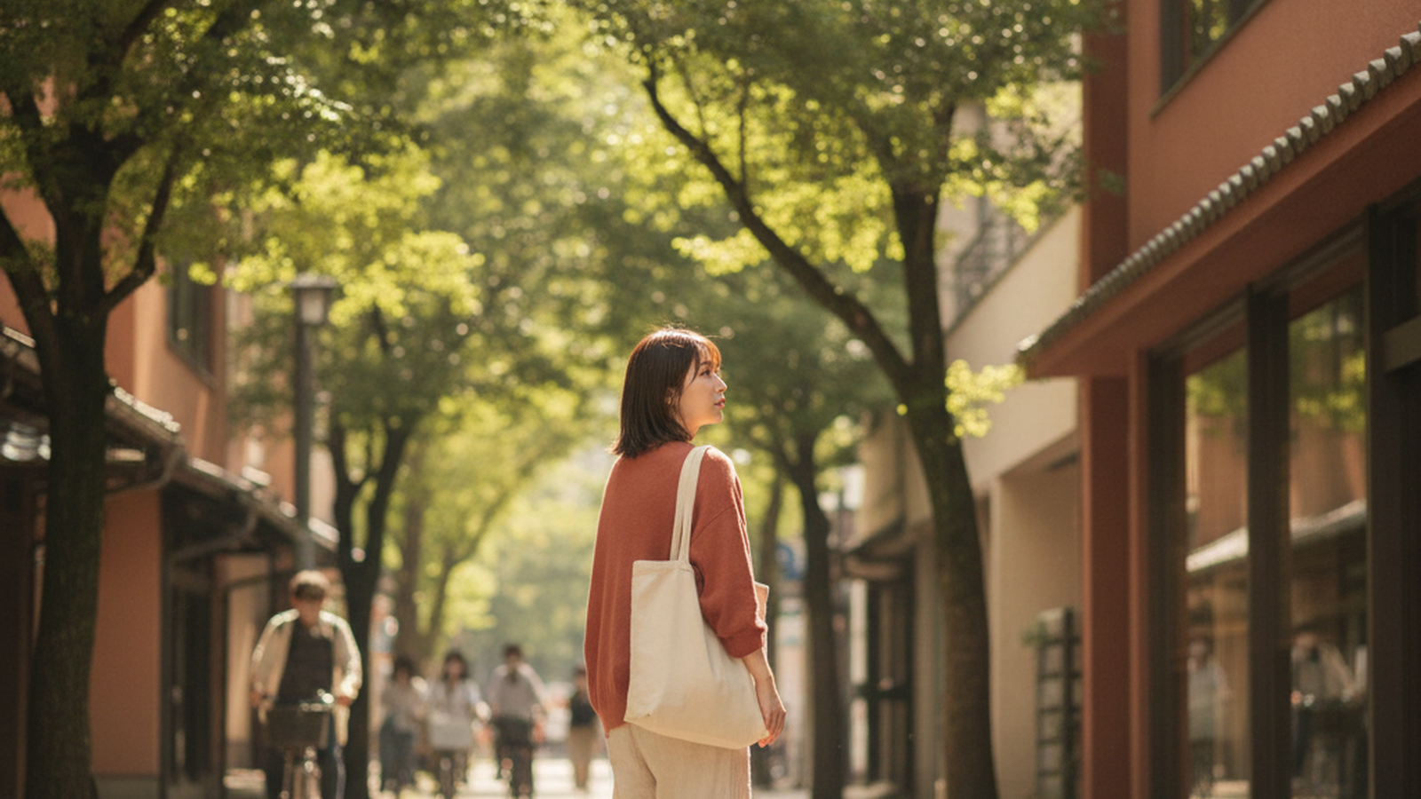 休日の街を歩きながら、これからの出会いについて考える20代の看護師の女性
