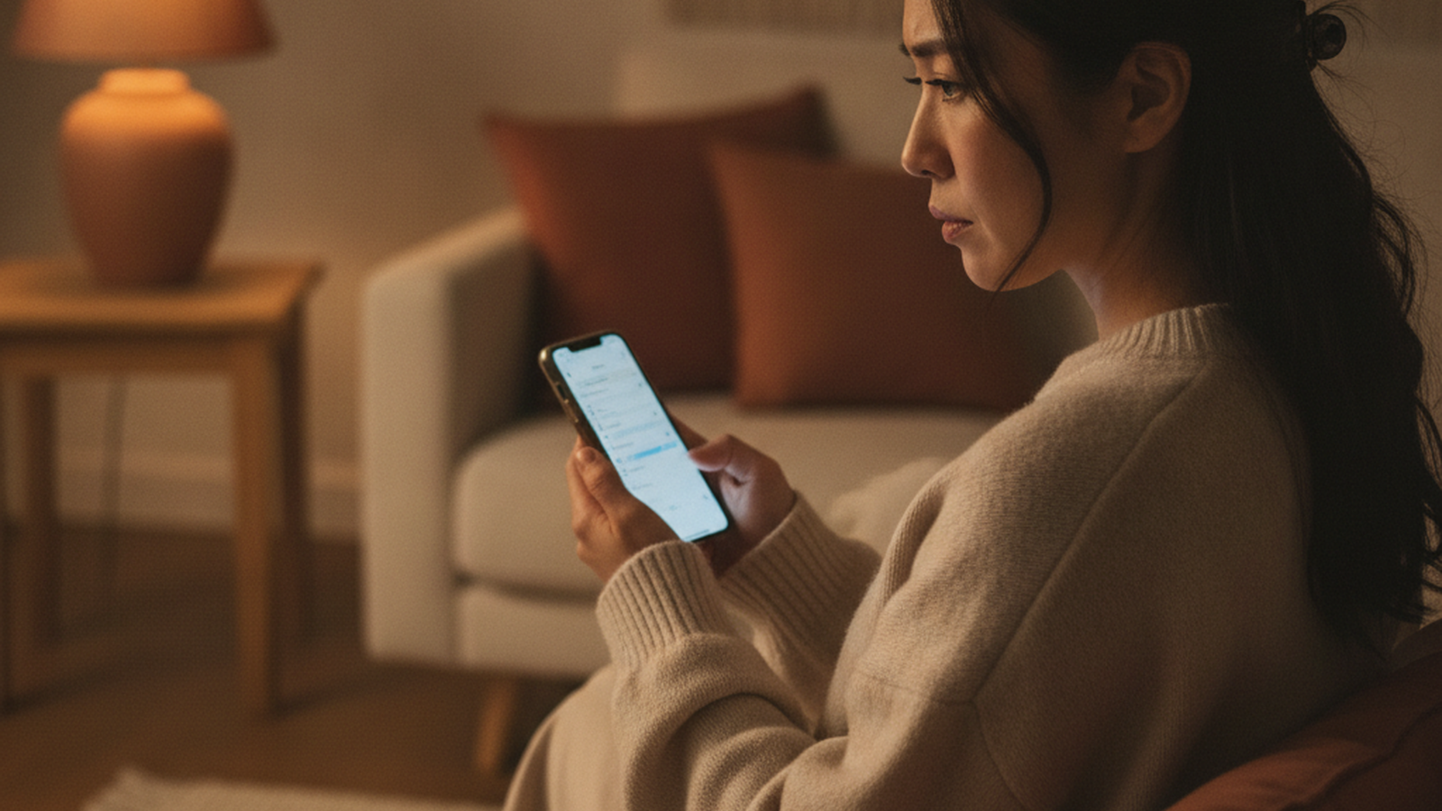スマホのプロフィール設定を見直す看護師のシーン