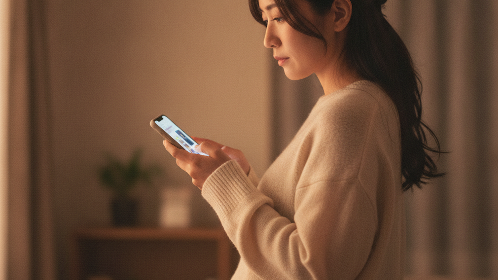 夜、同期からの結婚報告のLINEに複雑な思いを抱くアラサー看護師のシーン