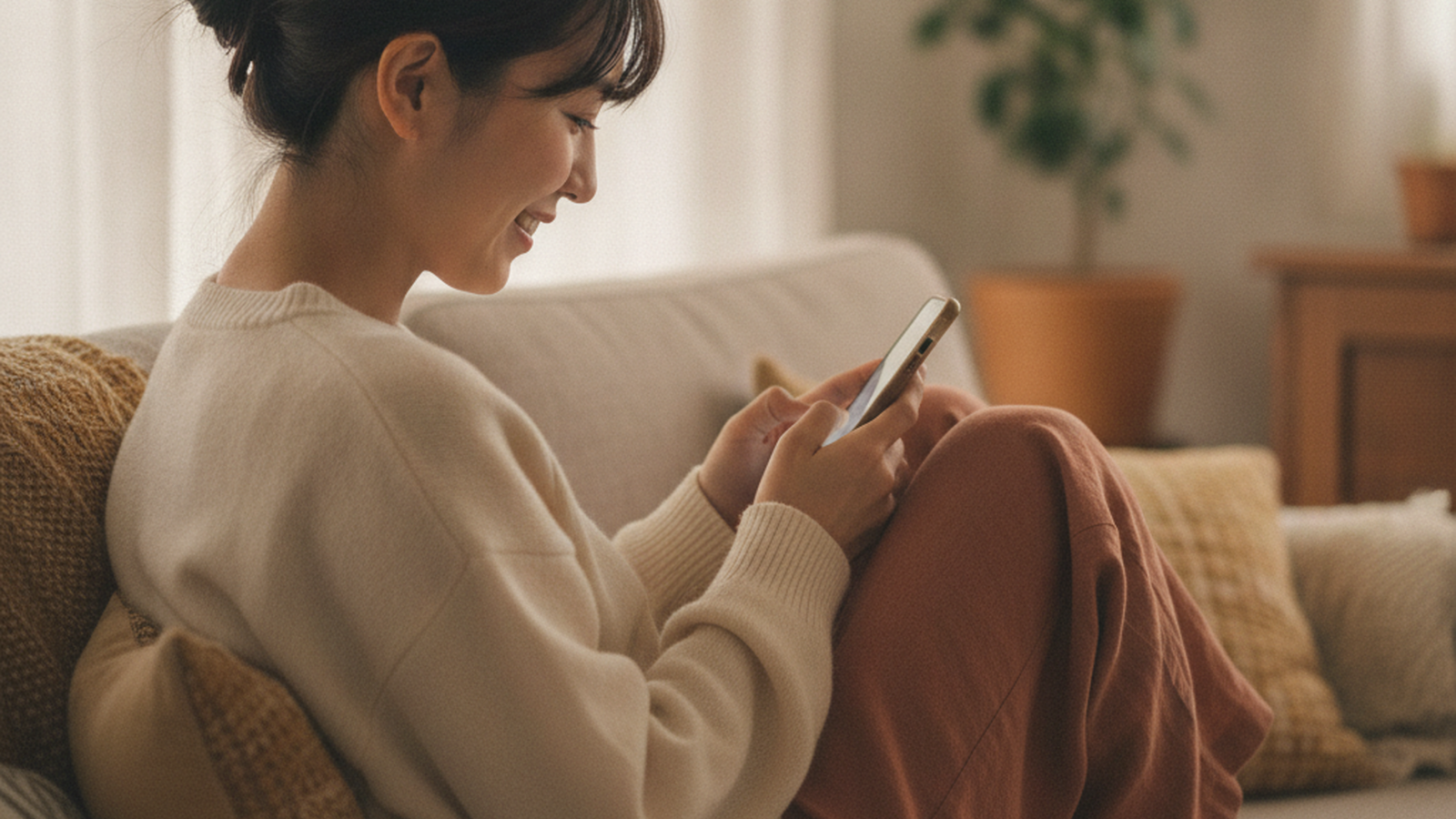 夜勤明けにスマホの恋バナに大きく頷く看護師の女性