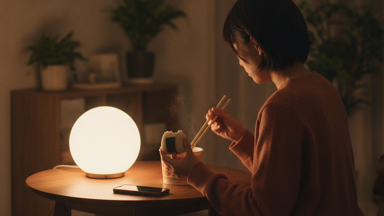 夜、ひとりでコンビニ飯を食べる看護師の後ろ姿