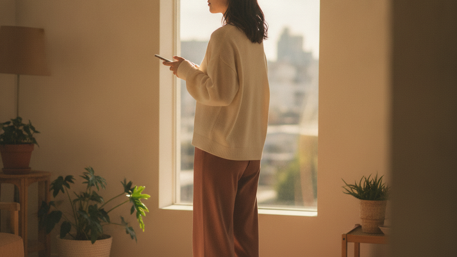 夜勤明けの朝、誰もいない部屋でスマホを見つめながら出会いのなさに気づく看護師の女性