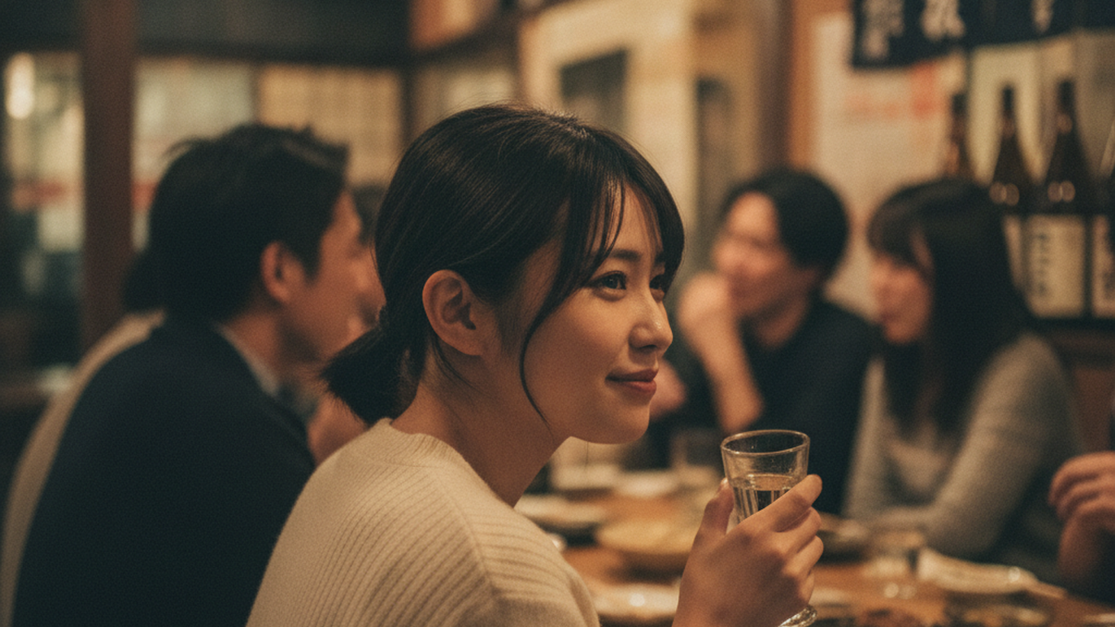合コンの席で笑顔をつくりながらも、どこか居心地の悪さを感じている看護師の女性