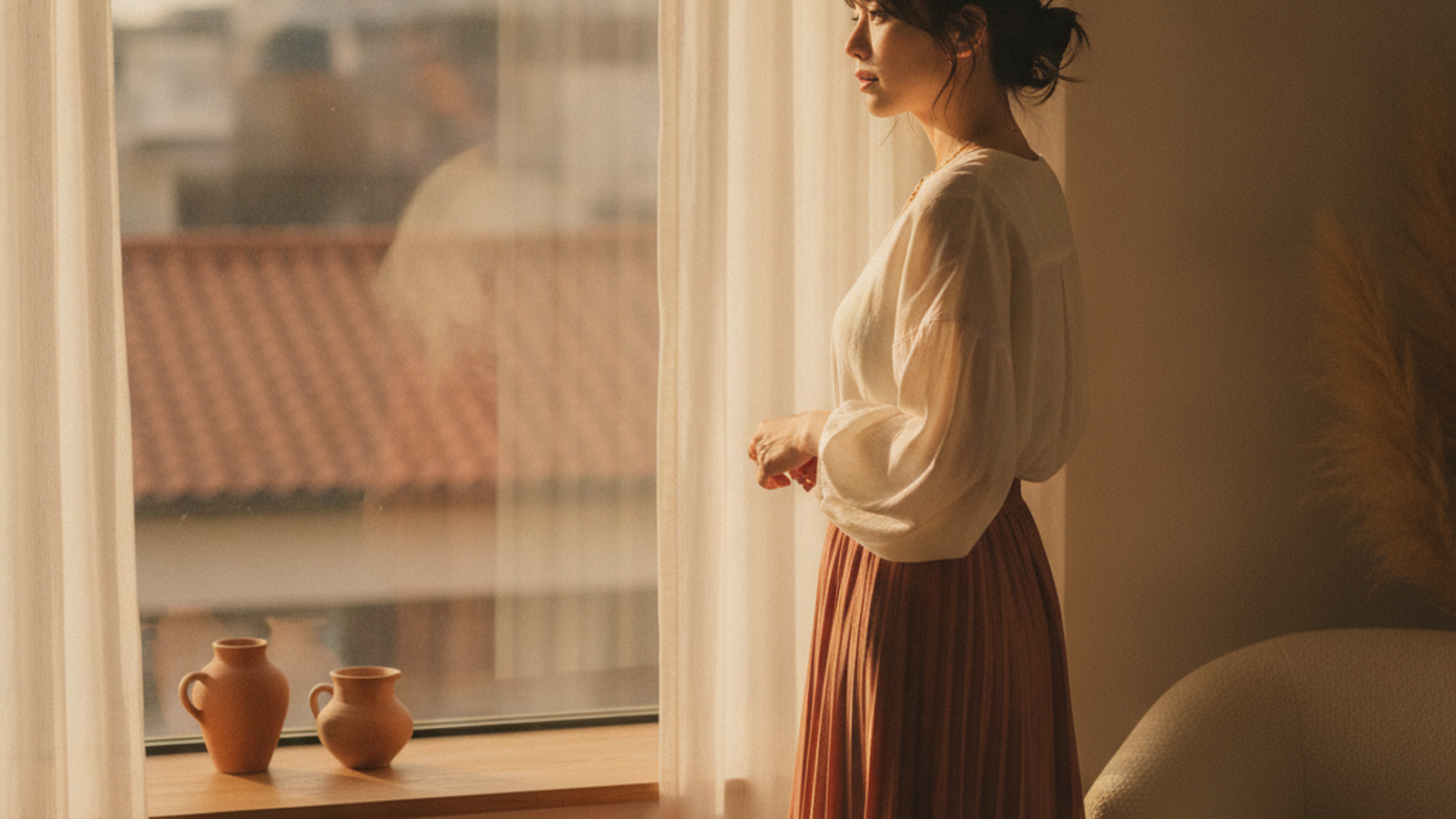夜勤明けの休憩室で、窓の外を見ながら物思いにふける看護師の女性