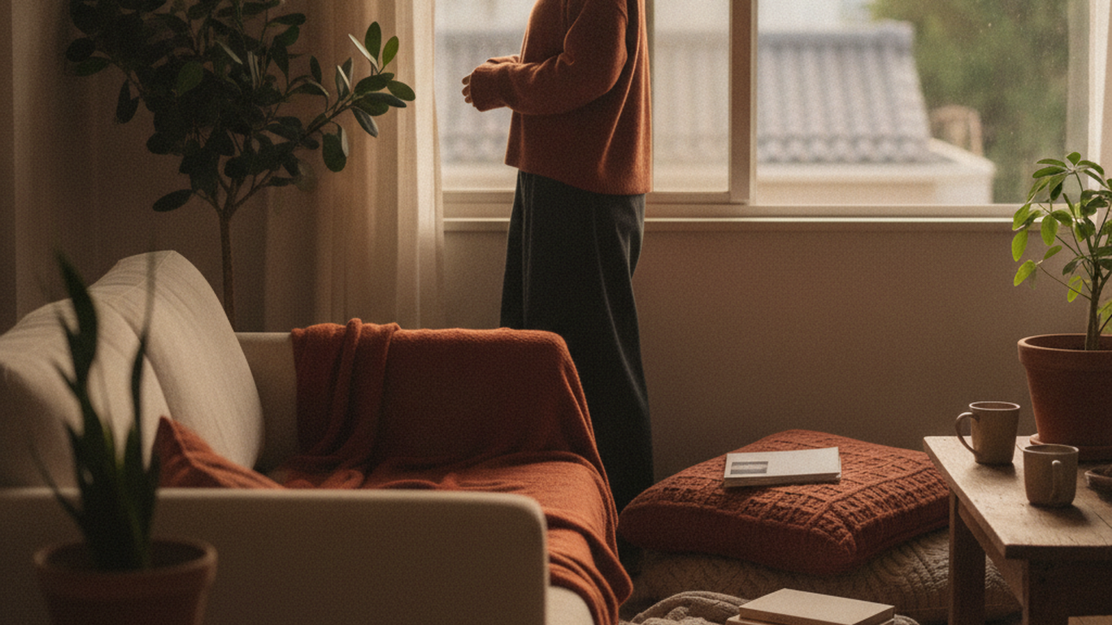ひとりの休日、部屋でコーヒーを片手にふと物思いにふける看護師の女性