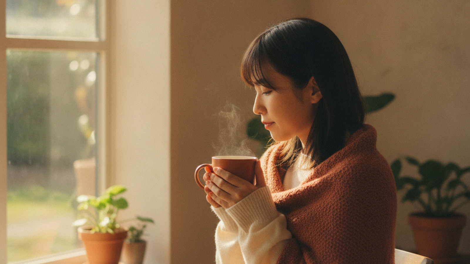 窓辺で静かに考えごとをする看護師の女性
