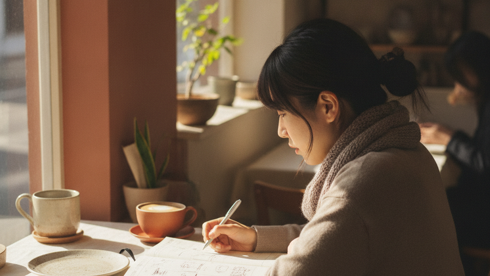 夜勤明けにスケジュール帳を開き、無理のない婚活の計画を立てる看護師の女性