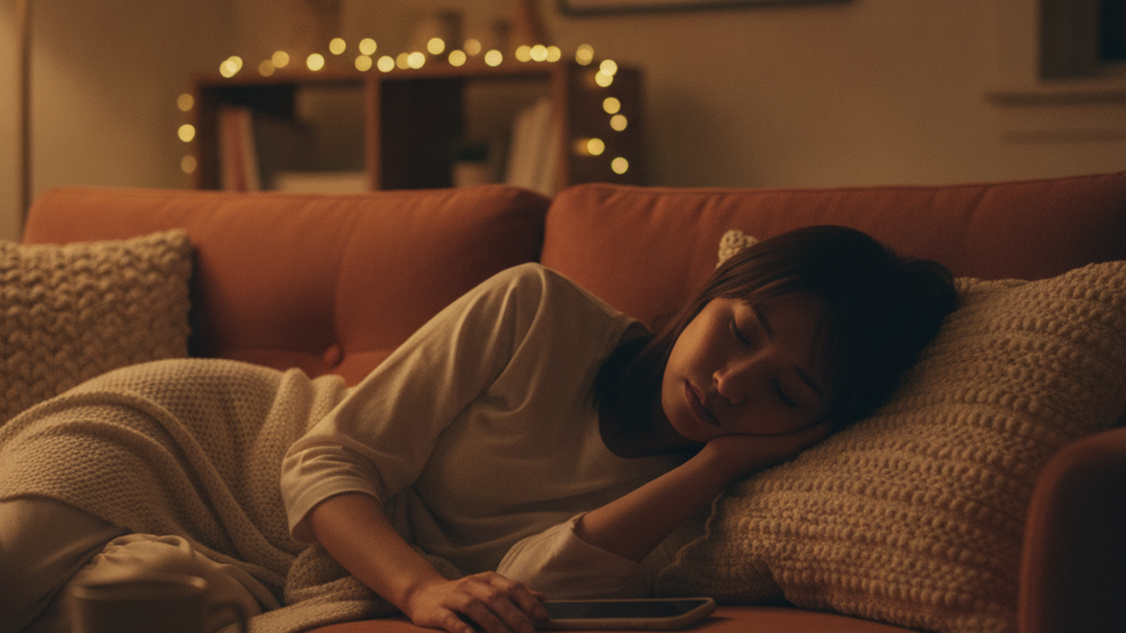 夜勤明けの朝、スマホのマッチングアプリを閉じてため息をつく看護師の女性