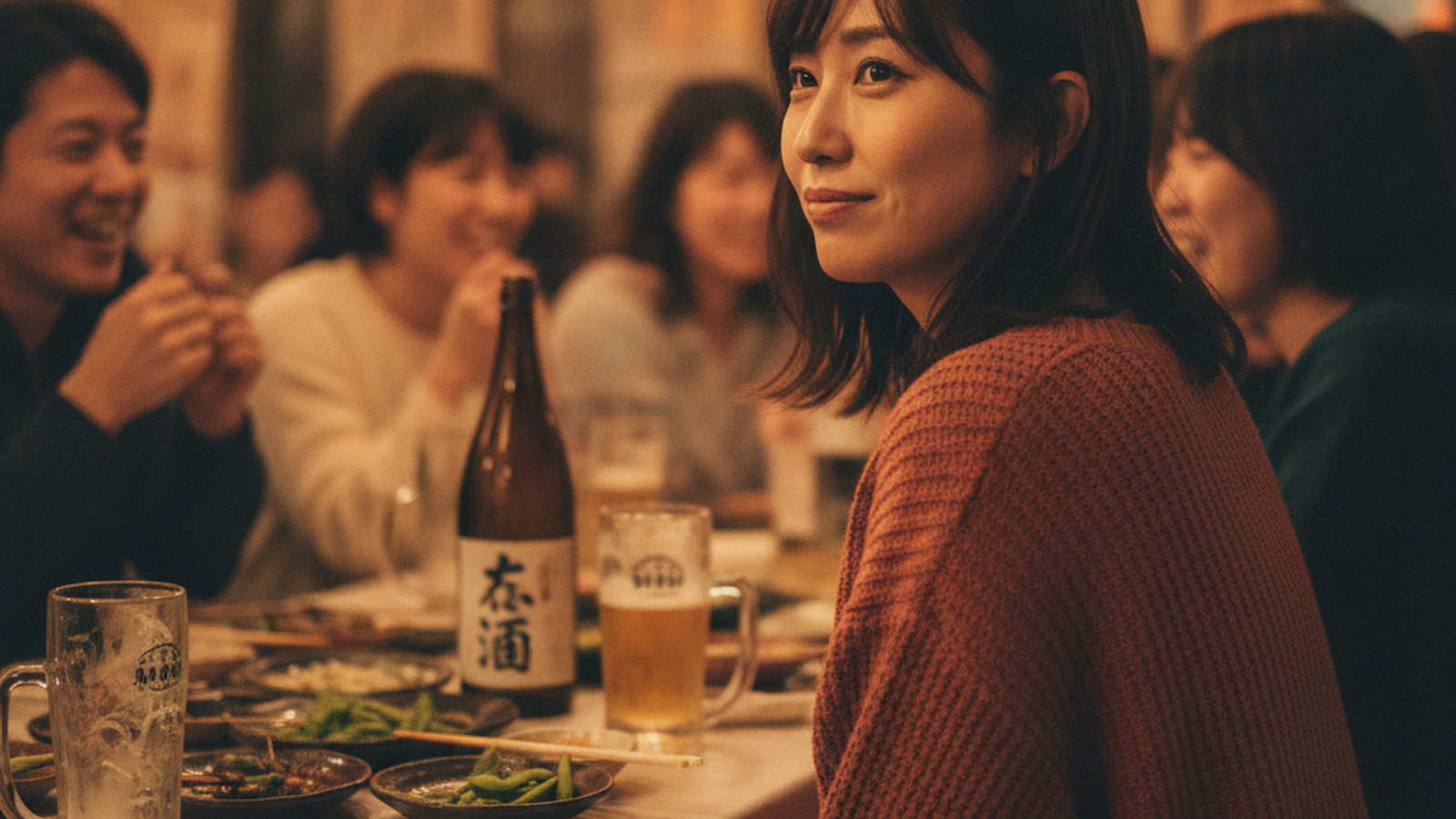 飲み会の席で笑顔をつくりながらも、どこか距離を感じている看護師の女性