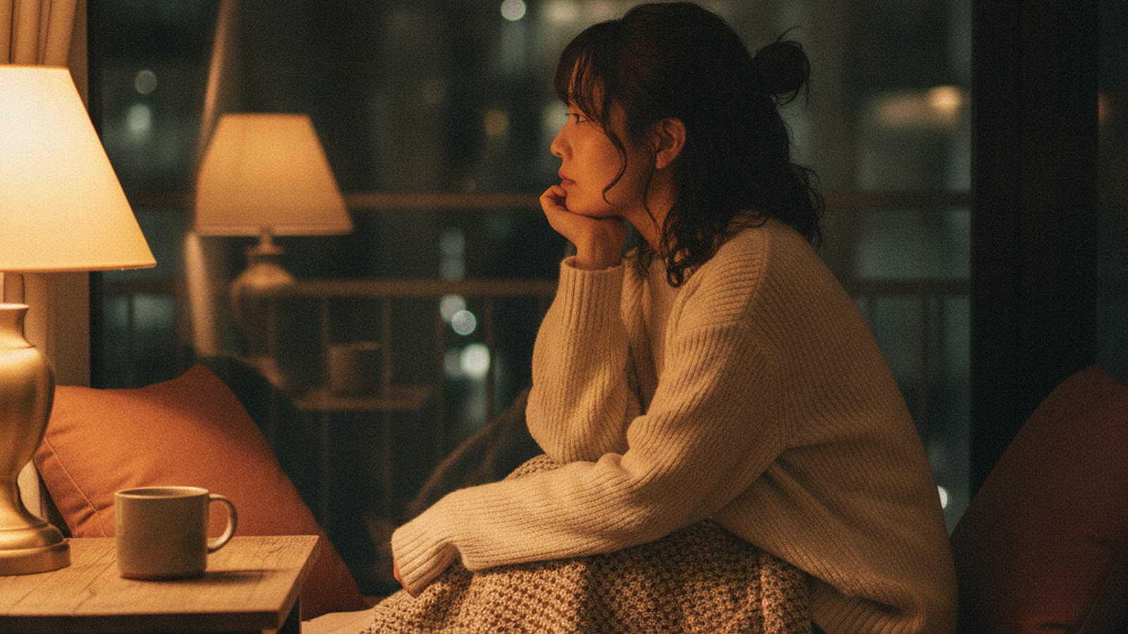 夜、窓辺で恋愛について静かに思いをめぐらせる看護師の女性