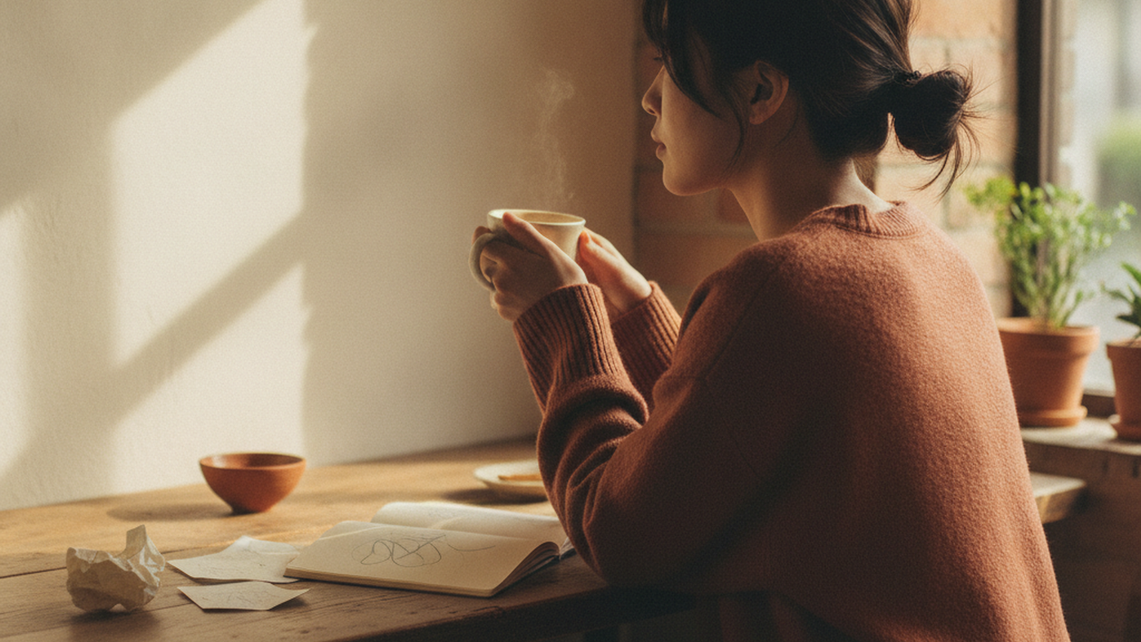 窓辺で少し考えごとをしながら穏やかな表情を浮かべる看護師の女性