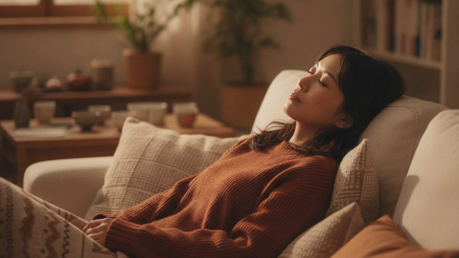 夜、部屋の灯りを落として静かに休んでいる看護師の女性